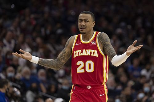 John Collins of the Atlanta Hawks reacts against the Philadelphia 76ers on Oct. 30, 2021, in Philadelphia, Pennsylvania.