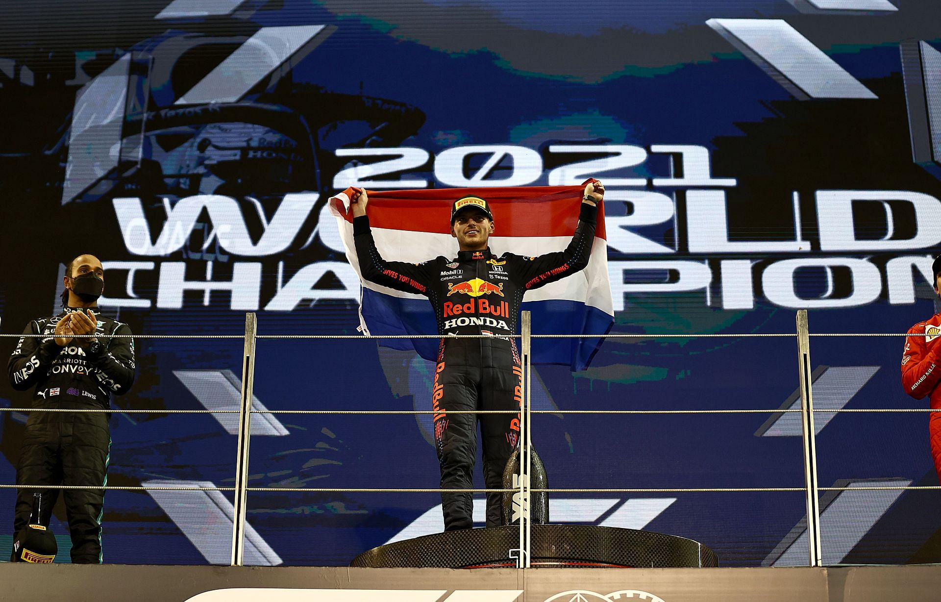 Max Verstappen celebrating the World Championship win during the Abu Dhabi Grand Prix 2021
