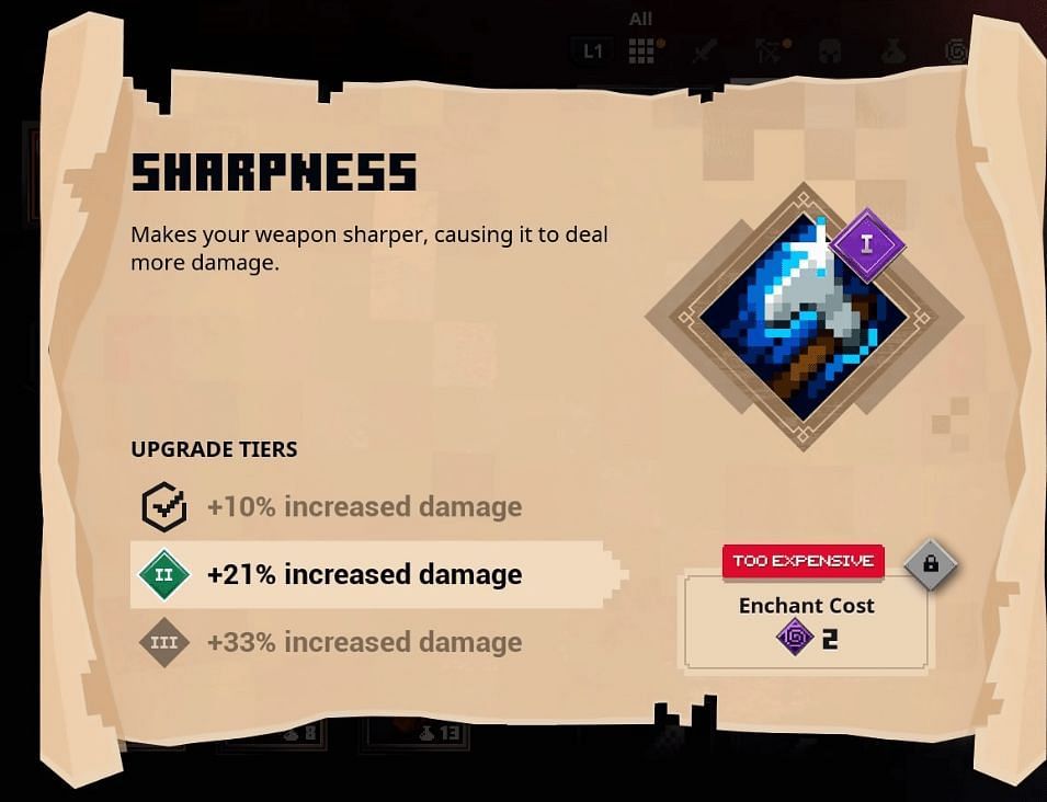 Sharpness, much like its original iteration, increases damage (Image via Mojang)