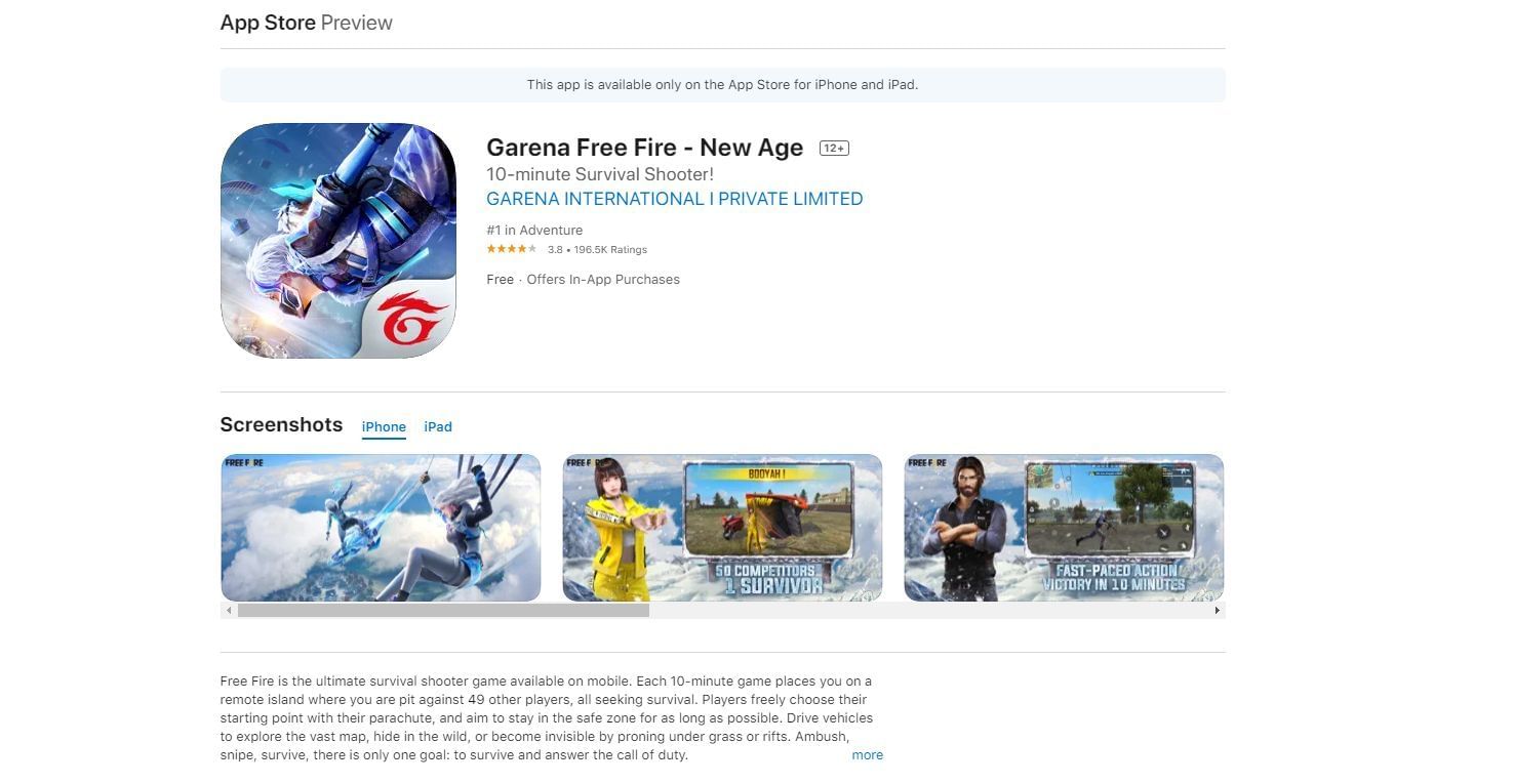 Users with iPhones can download Free Fire from the Apple App Store (Image via Apple App Store)