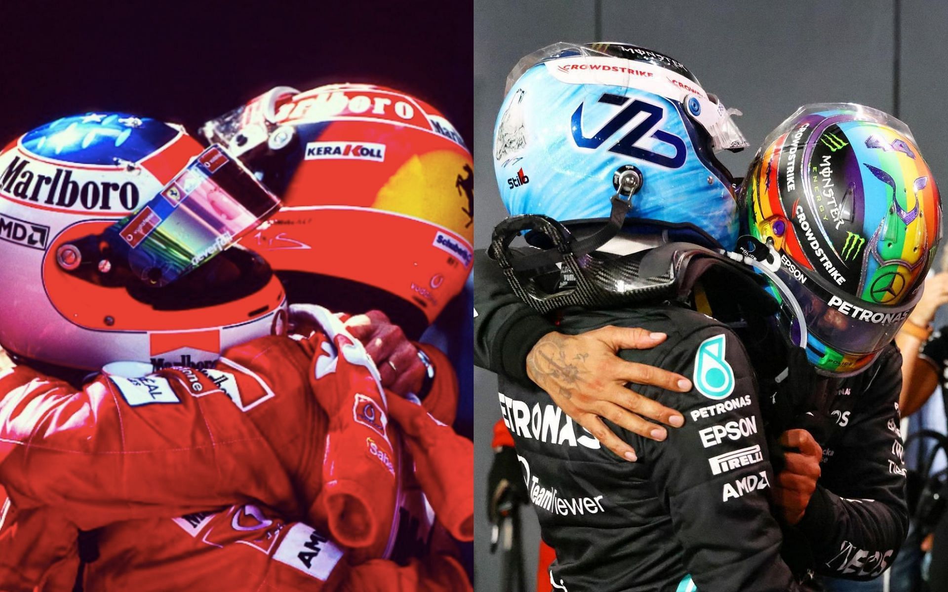 Rubens Barrichello and Michael Schumacher (left), Valtteri Bottas and Lewis Hamilton (right) (Via Instagram: @f1, @mercedesamgf1)