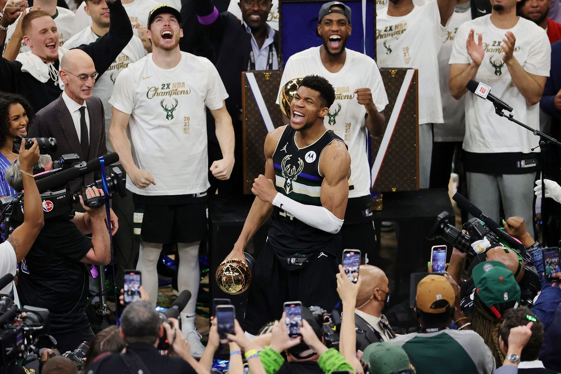 Giannis Antetokounmpo celebrates after winning the 2021 NBA Finals - Game Six