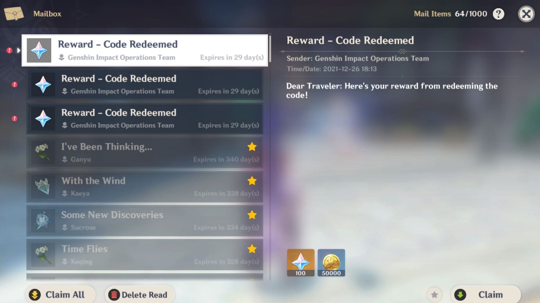 Rewards from one of the livestream redeem codes (Image via Genshin Impact)