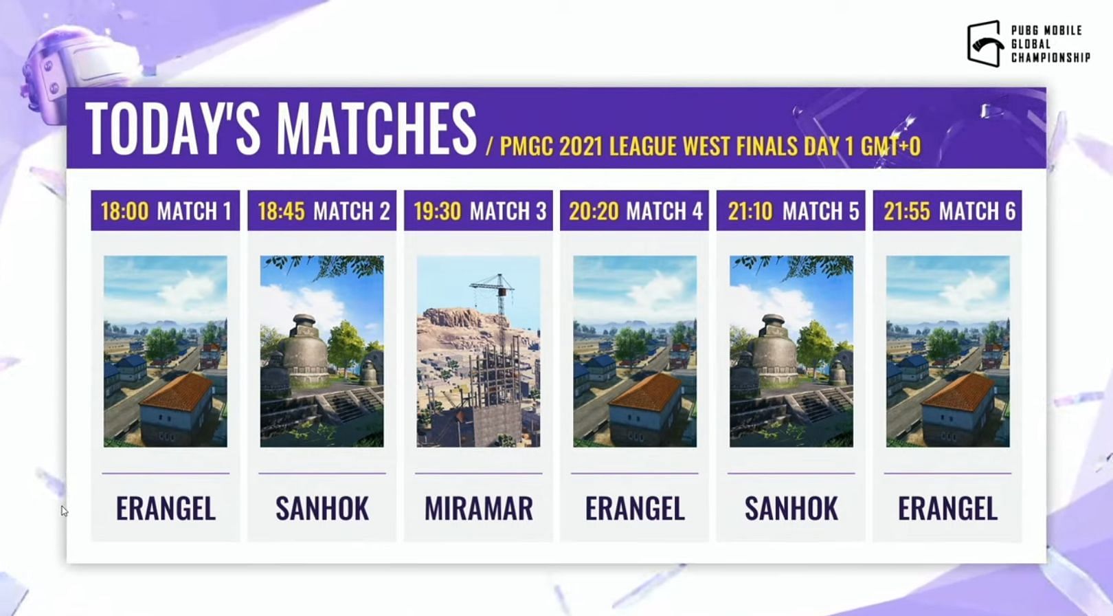 Day 1 map schedule of PMGC League West Finals day 1 (Image via PUBG Mobile)