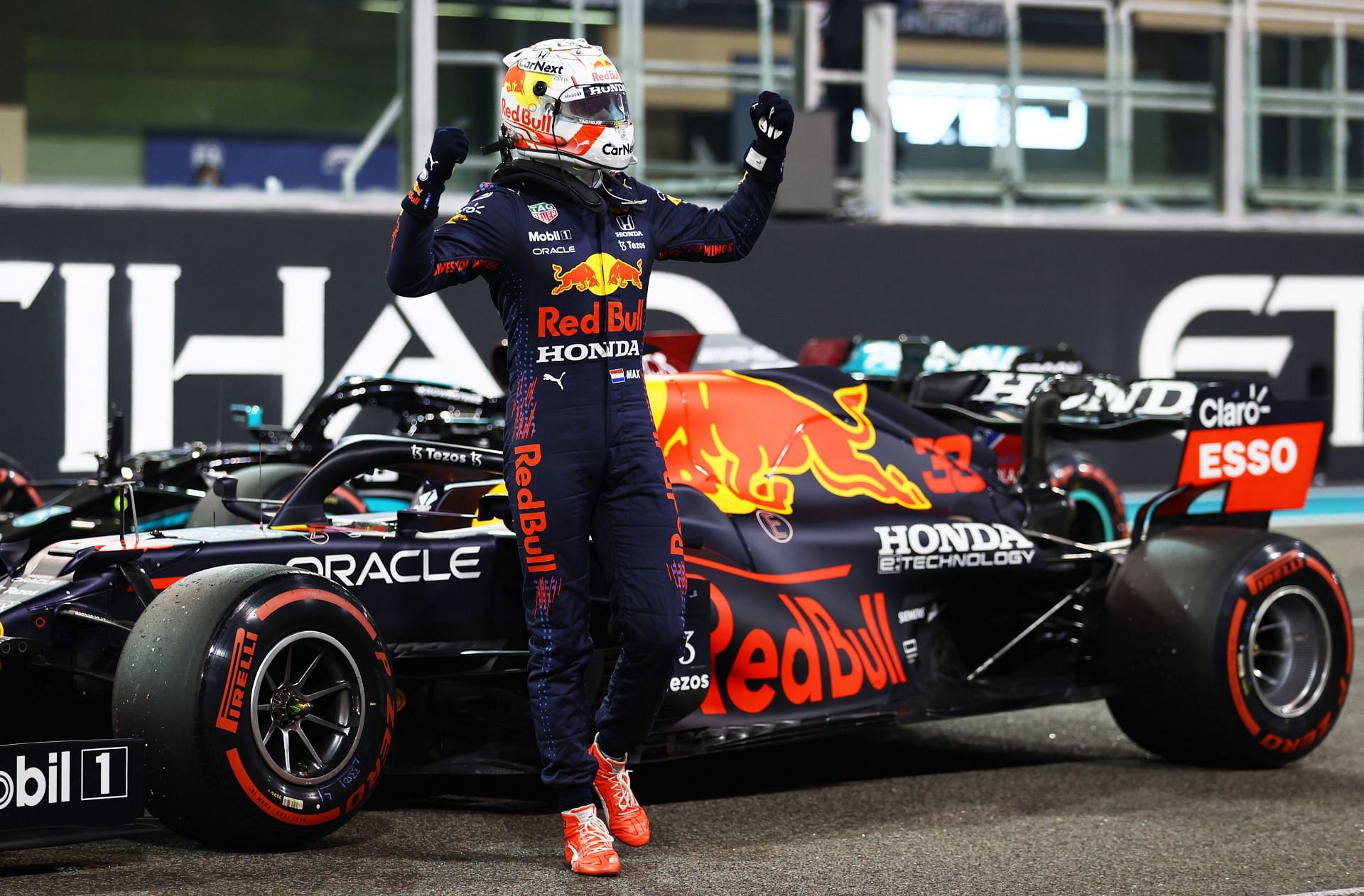 Max Verstappen in parc ferme after clinching the final pole position of the 2021 F1 season in Abu Dhabi.