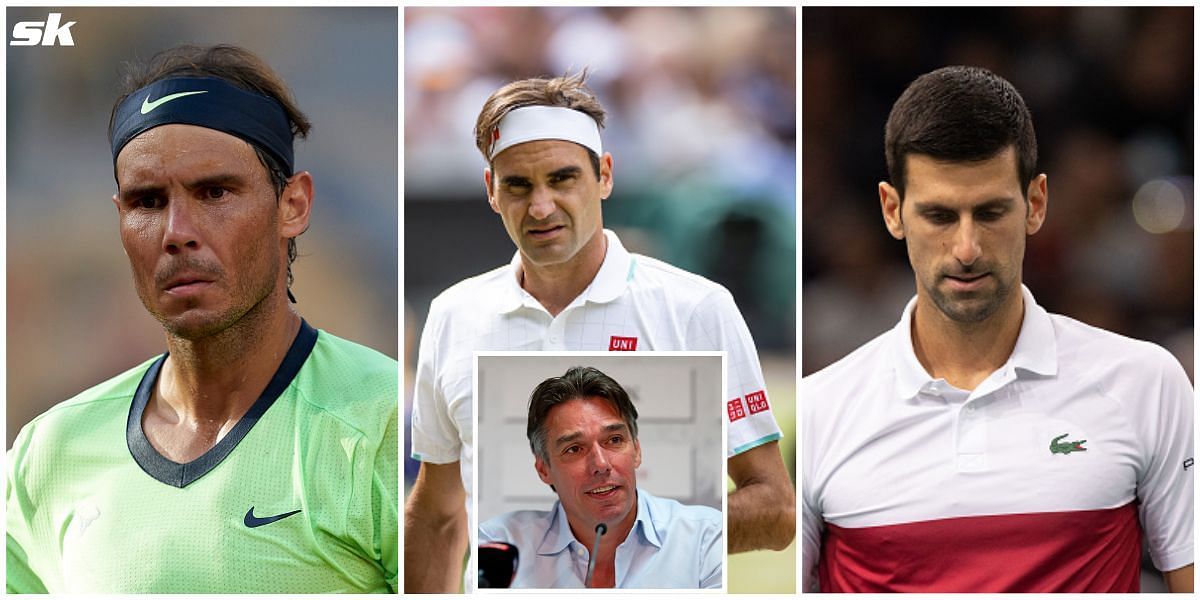 Former Wimbledon champion Michael Stich (insert), Rafael Nadal, Roger Federer and Novak Djokovic