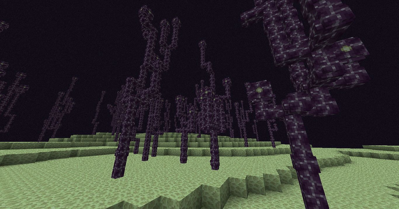 أشجار الكورس في عالم النهاية (الصورة من Minecraft)