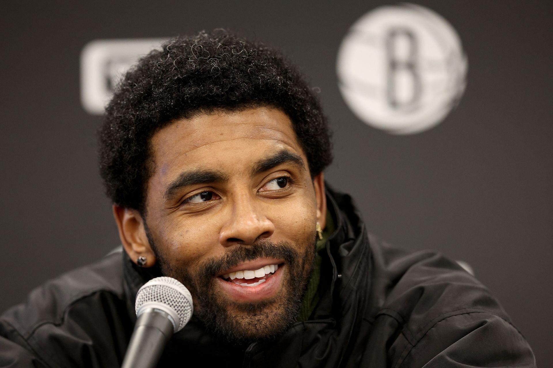 Kyrie Irving #11of the Brooklyn Nets talks to the media following the game against the Indiana Pacers