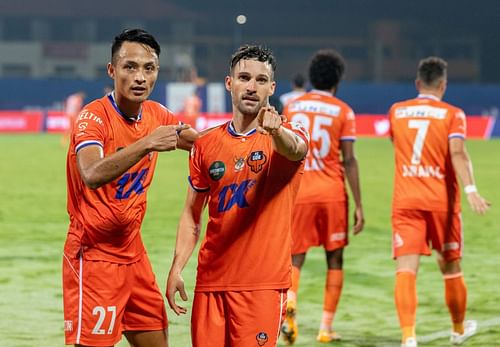 FC Goa's Jorge Ortiz celebrates after scoring a long range stunner agsint Chennaiyin FC