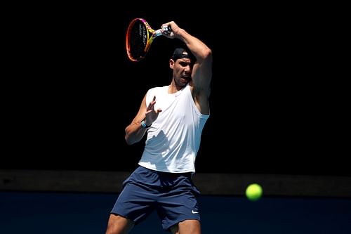 Rafael Nadal strikes a forehand during his practice session in Mlebourne