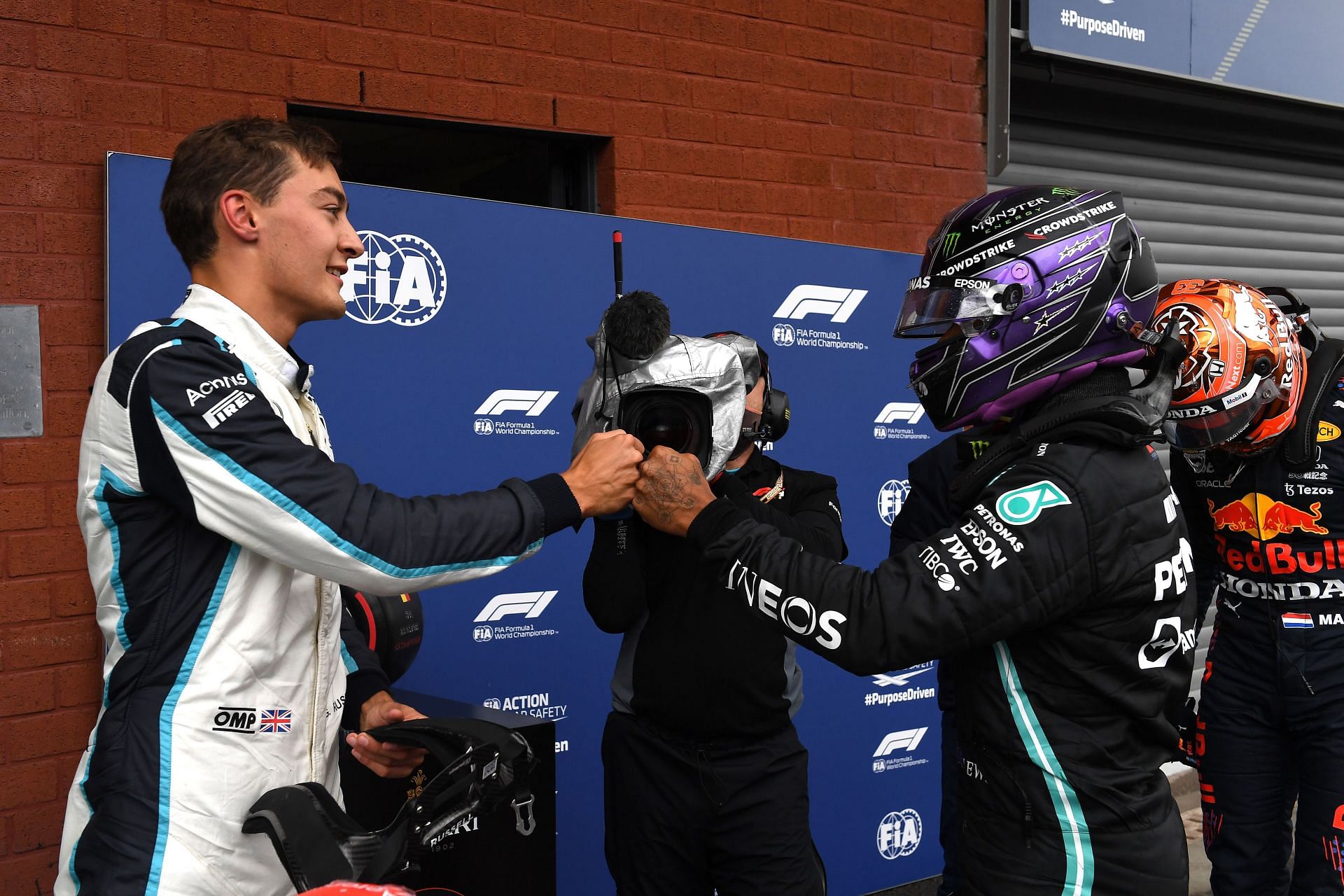 F1 Grand Prix of Belgium - George Russell (left) congratulated by his future teammate (Photo by John Thys - Pool/Getty Images)
