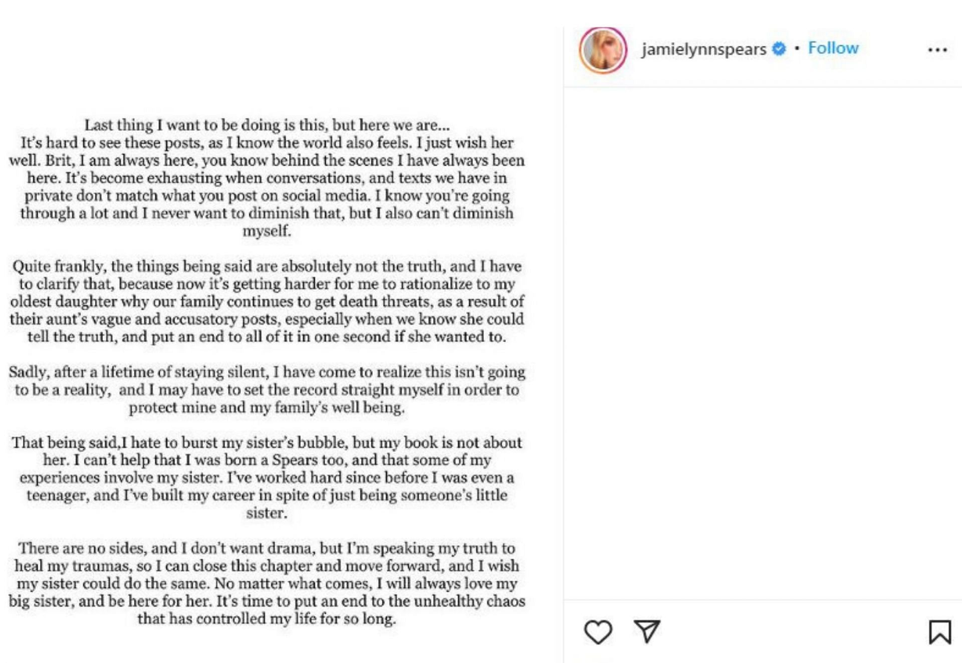 Jamie Lynn Spears responds to Britney Spears&#039; statement (Image via Jamie Lynn Spears/Instagram)