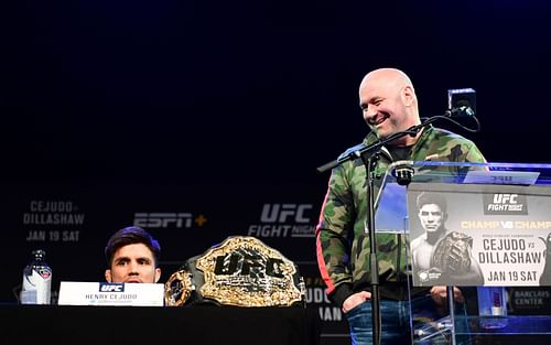 Former two-division UFC champion Henry Cejudo (left) and the MMA promotion's president Dana White (right) at UFC Fight Night 143's press conference