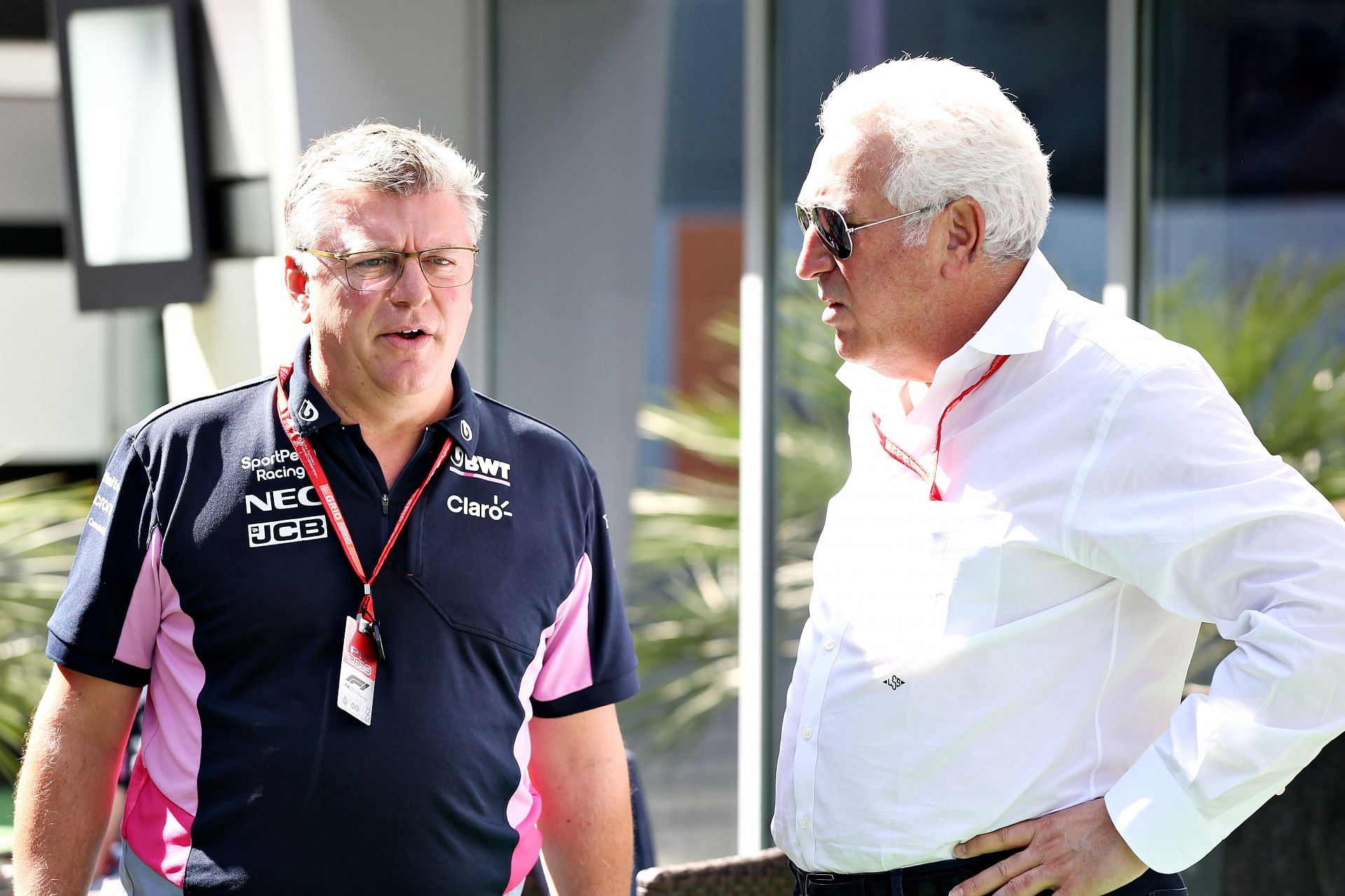 Otmar Szafnauer (left) with Aston Martin owner Lawrence Stroll (right) ahead of the 2019 Russian Grand Prix