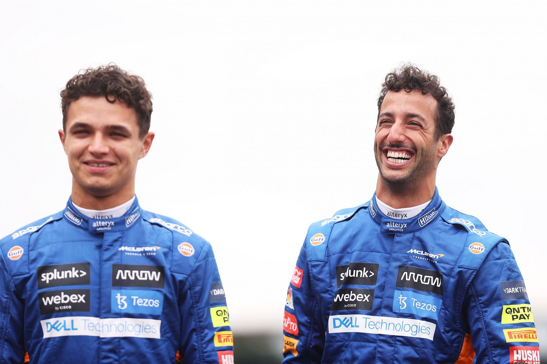 Lando Norris and Daniel Ricciardo during the unveiling of the prototype car for 2022 at the Great Britain Grand Prix (Photo by Lars Baron/Getty Images)