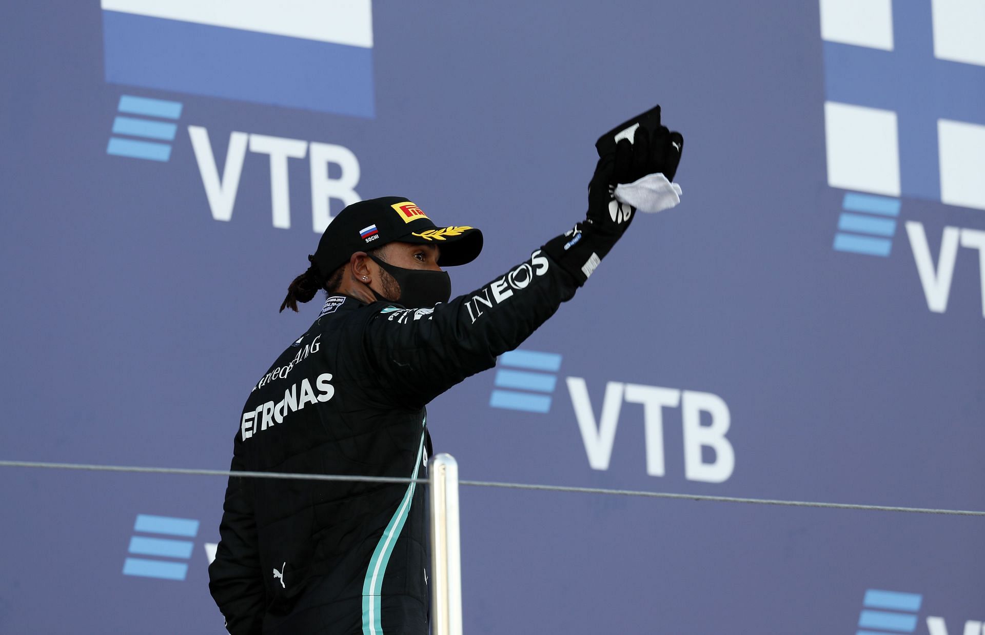 Lewis Hamilton at the 2020 Russian Grand Prix podium (Photo by Yuri Kochetkov - Pool/Getty Images)