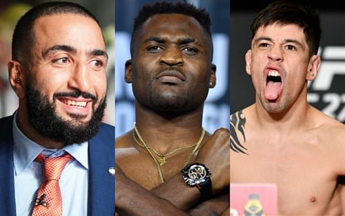 Belal Muhammad (left); Francis Ngannou (center); Brandon Moreno (right)