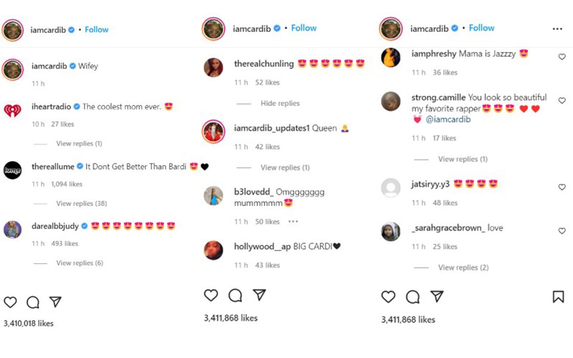 A quick look at the comments on Cardi B&#039;s photo (Image via Instagram/@iamcardib)