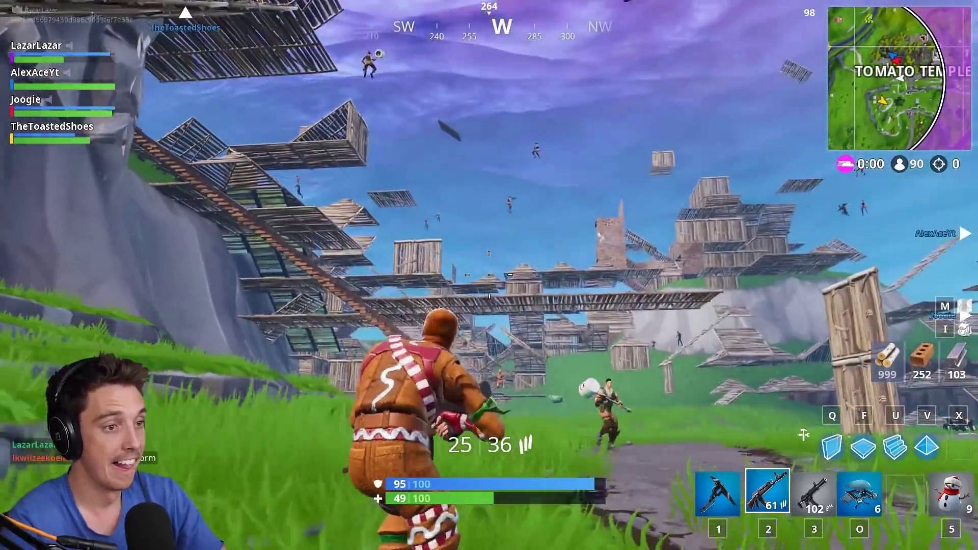 Players levitating in the sky as builds start to appear randomly (Image via Lazarbeam/YouTube)