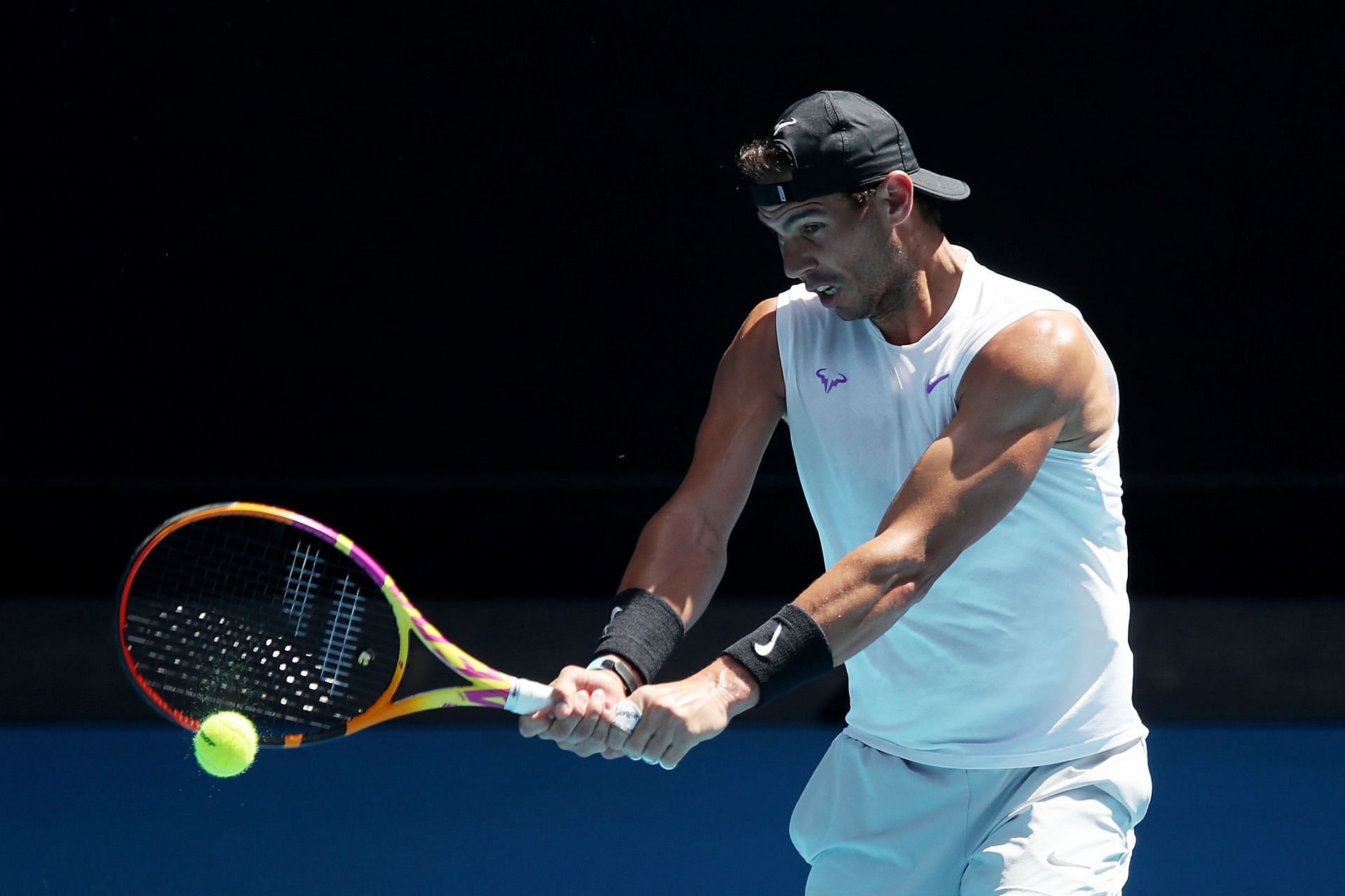 Rafael Nadal unloads on a backhand at the Rod Laver Arena on Wednesday