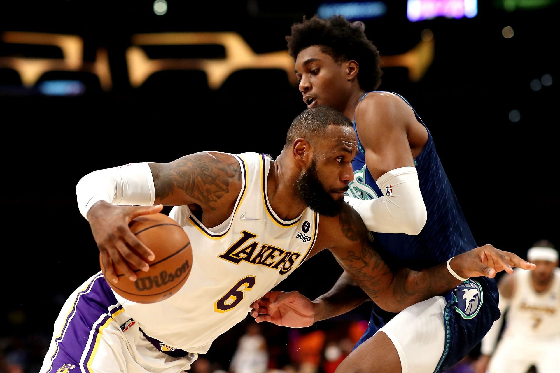 LeBron James of the Los Angeles Lakers drives against the Minnesota Timberwolves