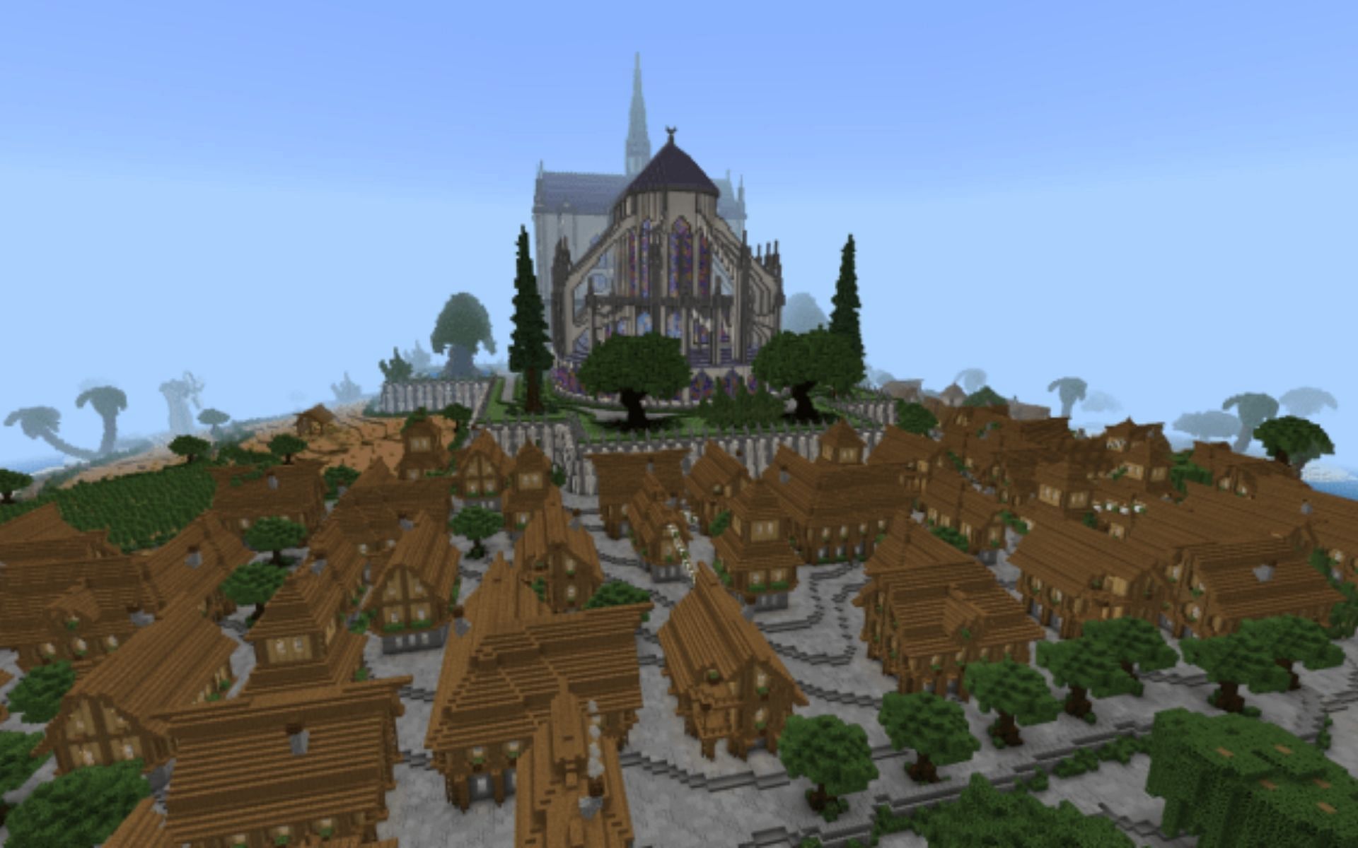 A Medieval Town with a massive church (Image via MCPEDL)