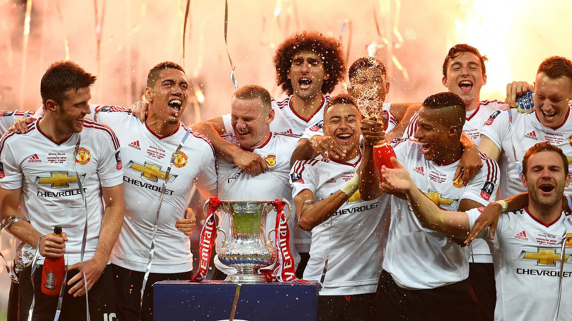 Manchester United players celebrating their FA Cup triumph in 2016. 