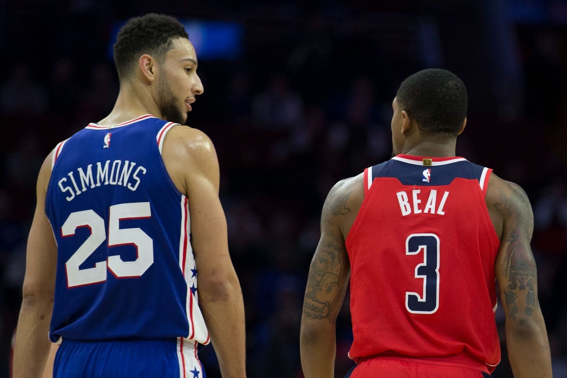 Bradley Beal of the Washington Wizards with Ben Simmons (left) of the Philadelphia 76ers