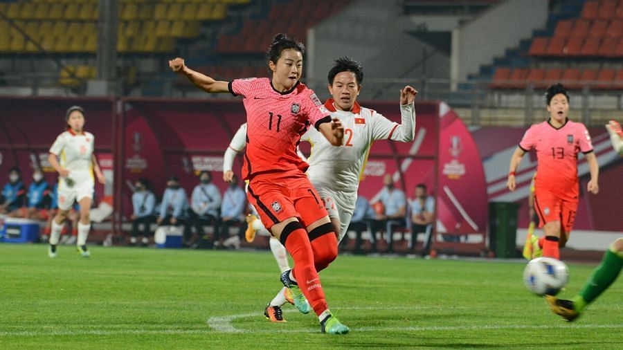 Vietnam lost 3-0 to South Korea in their first game of the AFC Women&#039;s Asian Cup 2022. (Image: AFC)