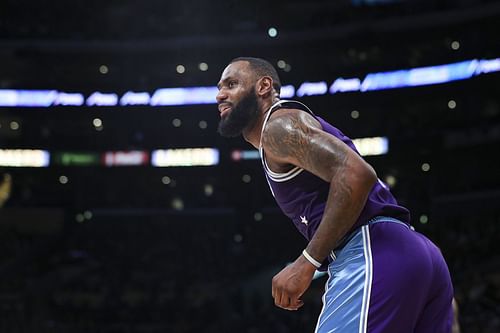 LeBron James #6 of the Los Angeles Lakers reacts after making a basket in the second half at Crypto.com Arena on January 07, 2022 in Los Angeles, California.