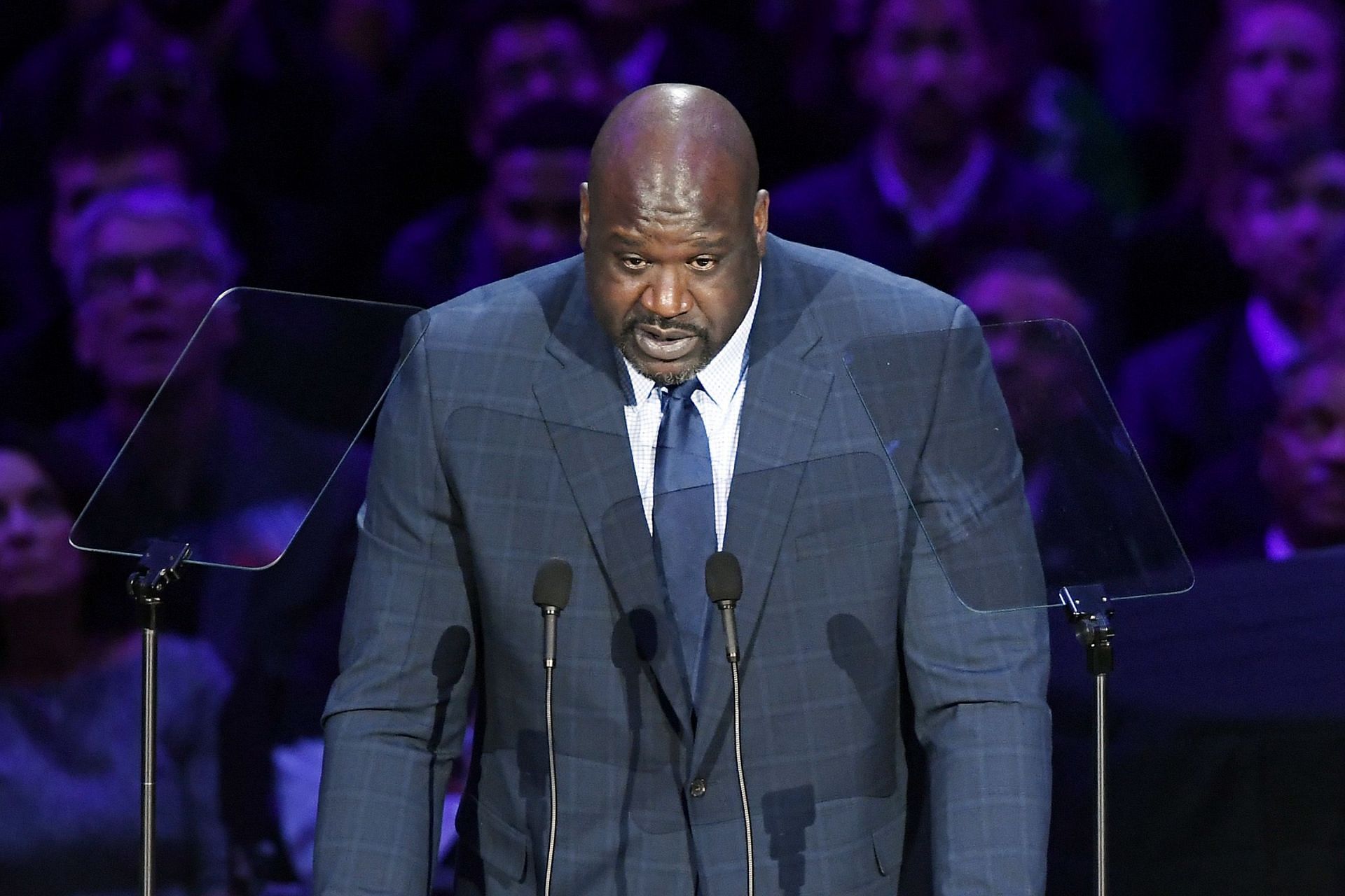 Shaquille O&#039;Neal giving a speech at Kobe Bryant&#039;s memorial, A Celebration of Life