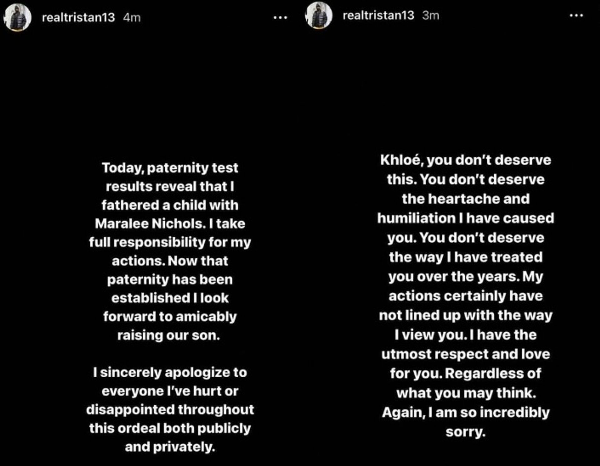 Tristan Thompson takes to Instagram to apologize for his actions (Image via Instagram/realtristan13)
