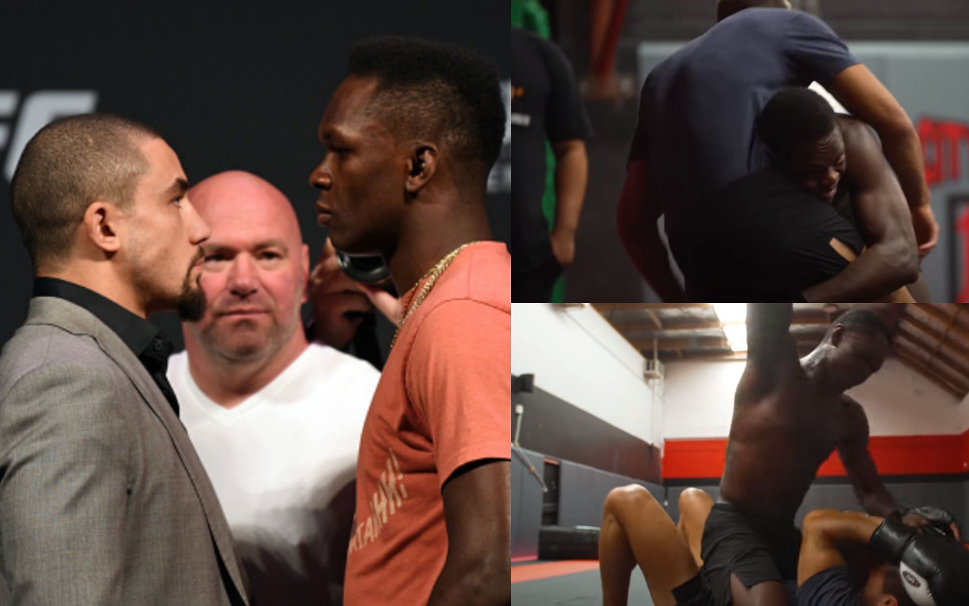 Whittaker vs. Adesanya face-off (left; Image courtesy of Getty); Israel Adesanya&#039;s grappling training (top and bottom right; Images courtesy of &#039;FREESTYLEBENDER&rsquo; YouTube channel)