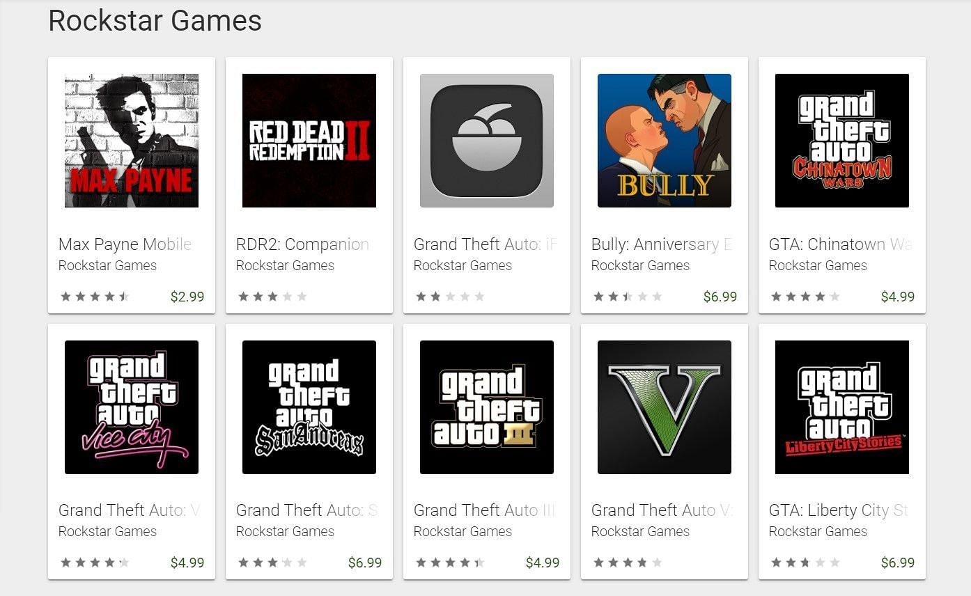 Rockstar Games&#039; current lineup on Android (Image via Google Play)