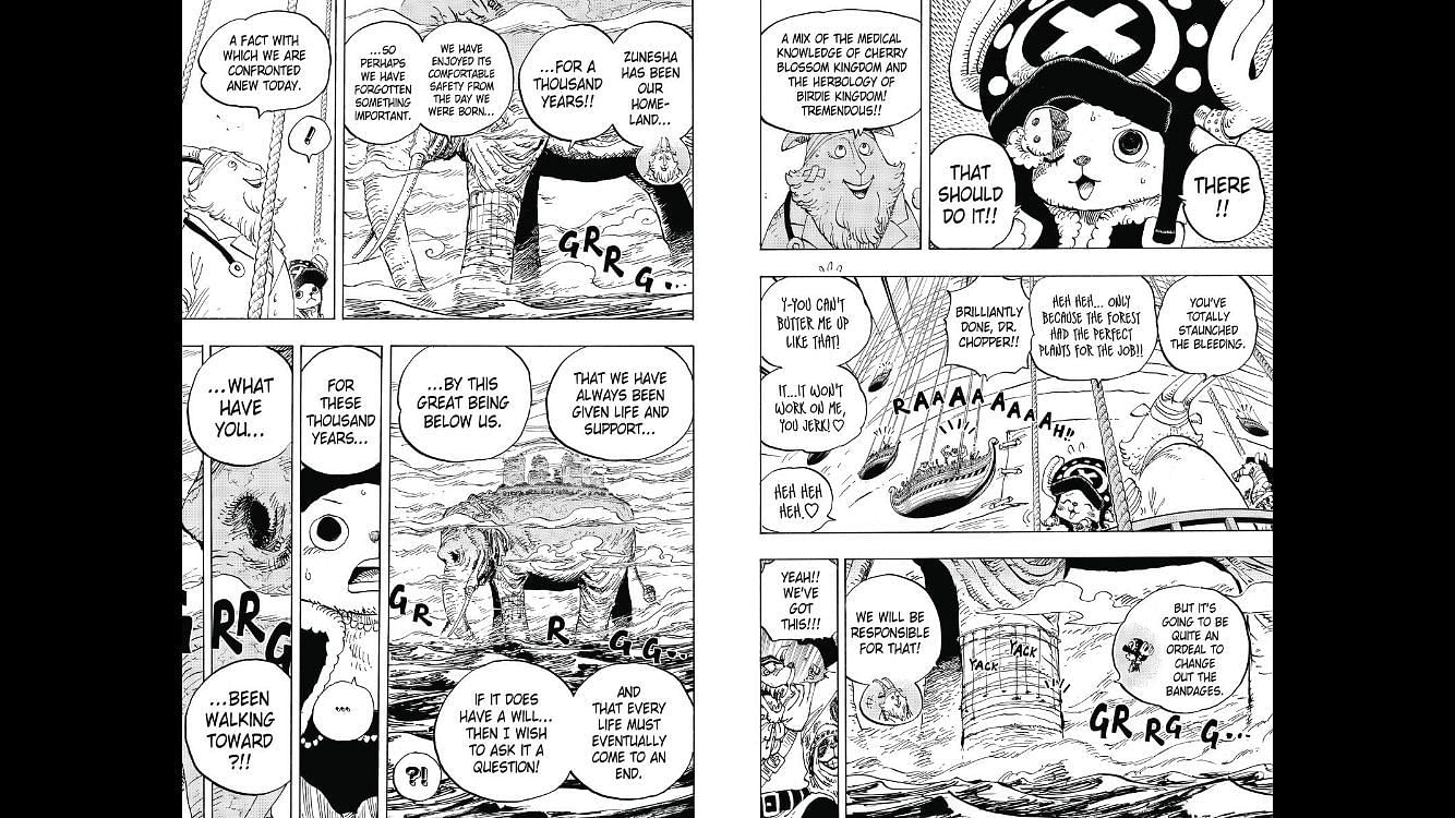 Miyagi talks about Zunesha with Chopper as seen in One Piece Chapter 822. (Image via Shueisha Shonen Jump+ app)