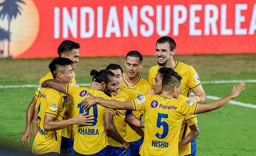 Kerala Blasters players celebrating a goal (PC: ISL Media)