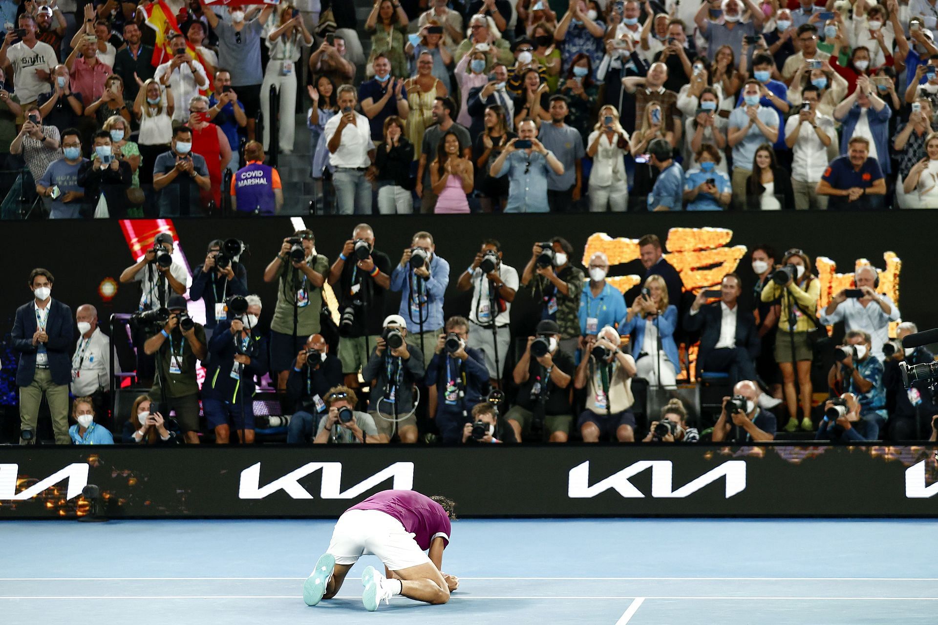 Rafael Nadal reacts after converting championship point at the 2022 Australian Open