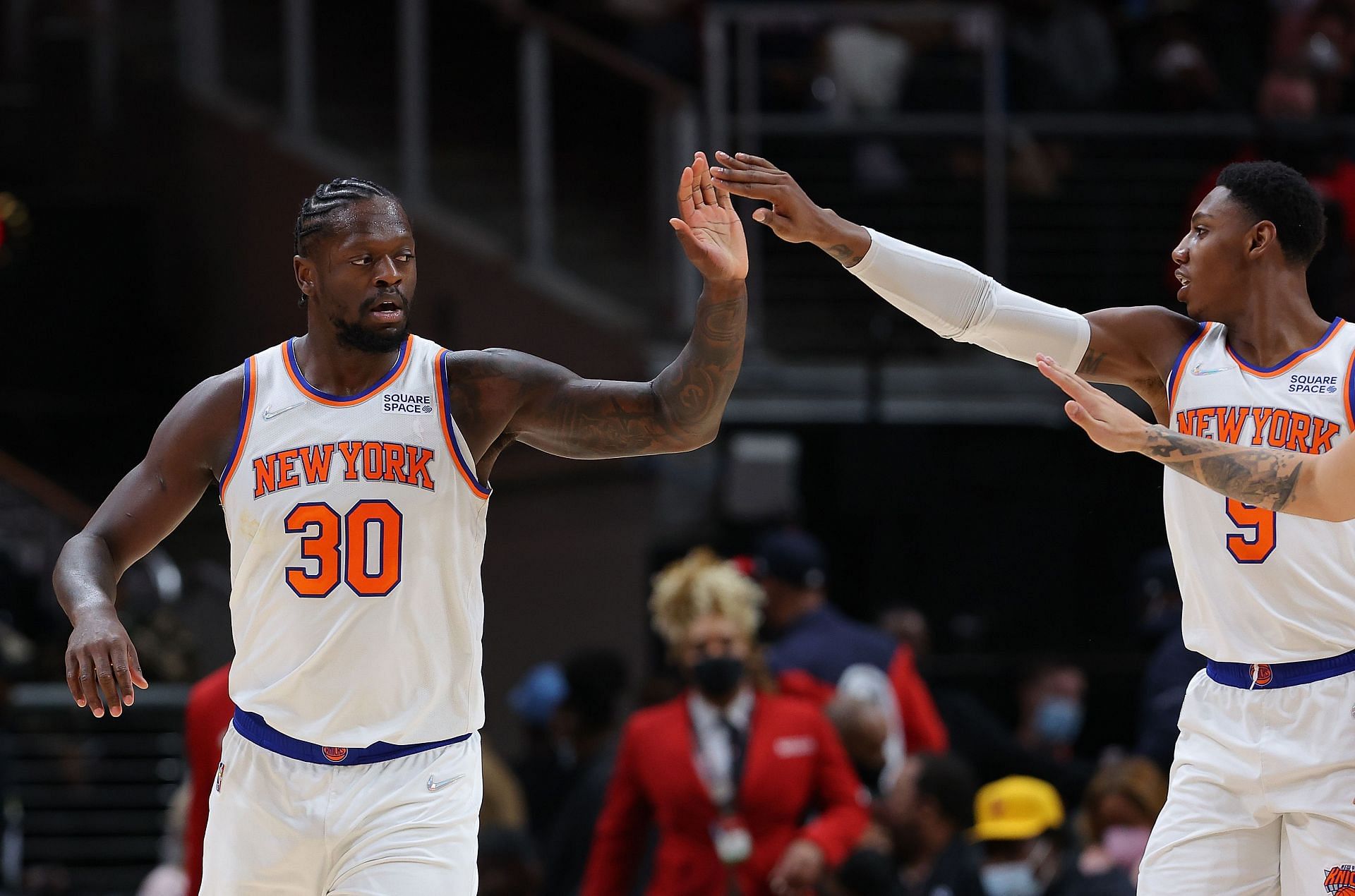 Julius Randle (#30) and RJ Barrett (#9) of the New York Knicks v Atlanta Hawks