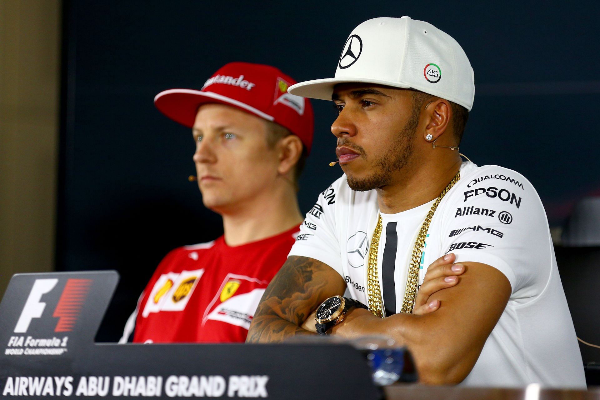 Kimi Raikkonen and Lewis Hamilton at a press conference in 2015 (Photo by Clive Mason/Getty Images)
