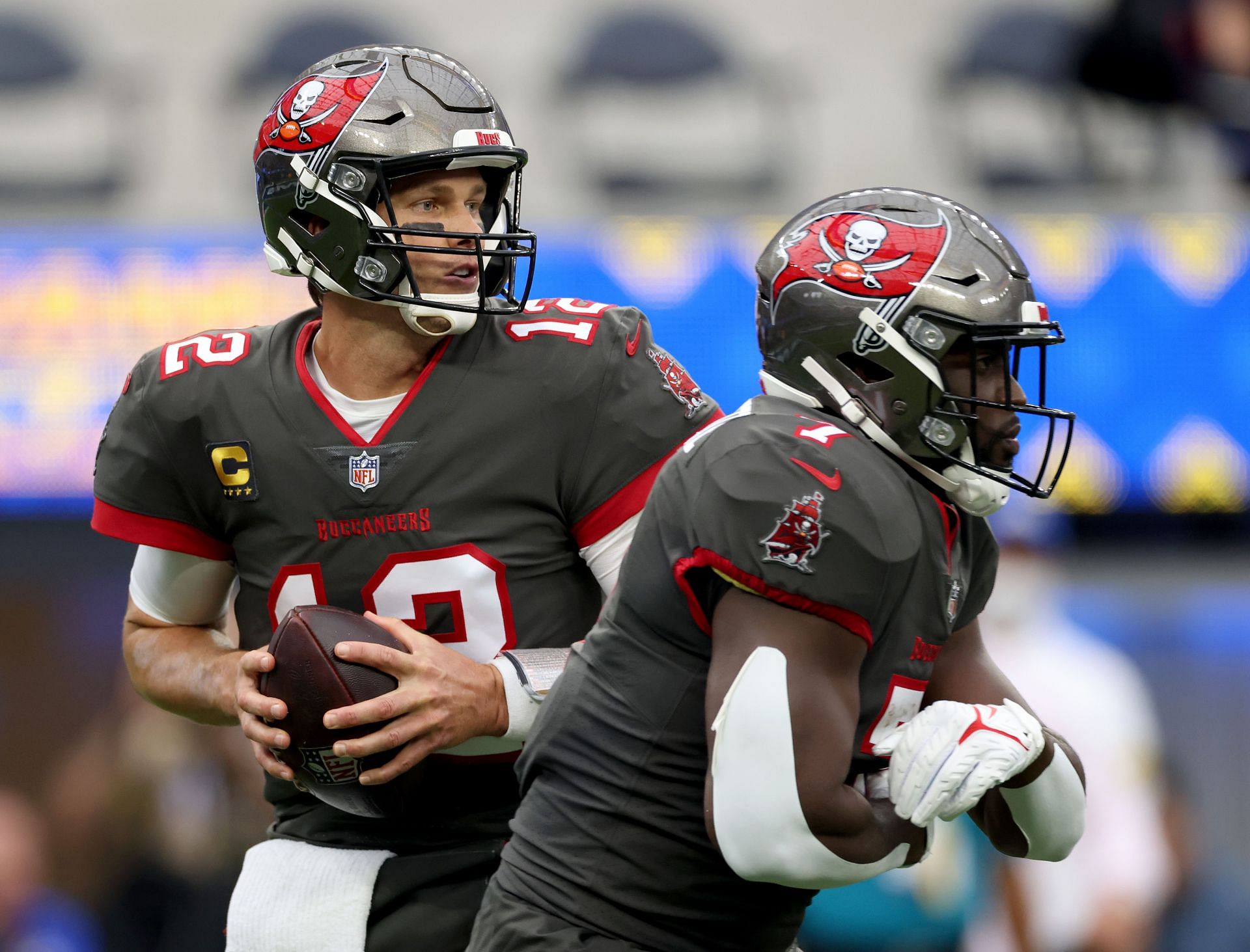 Tom Brady and Leonard Fournette during Tampa Bay Buccaneers v Los Angeles Rams