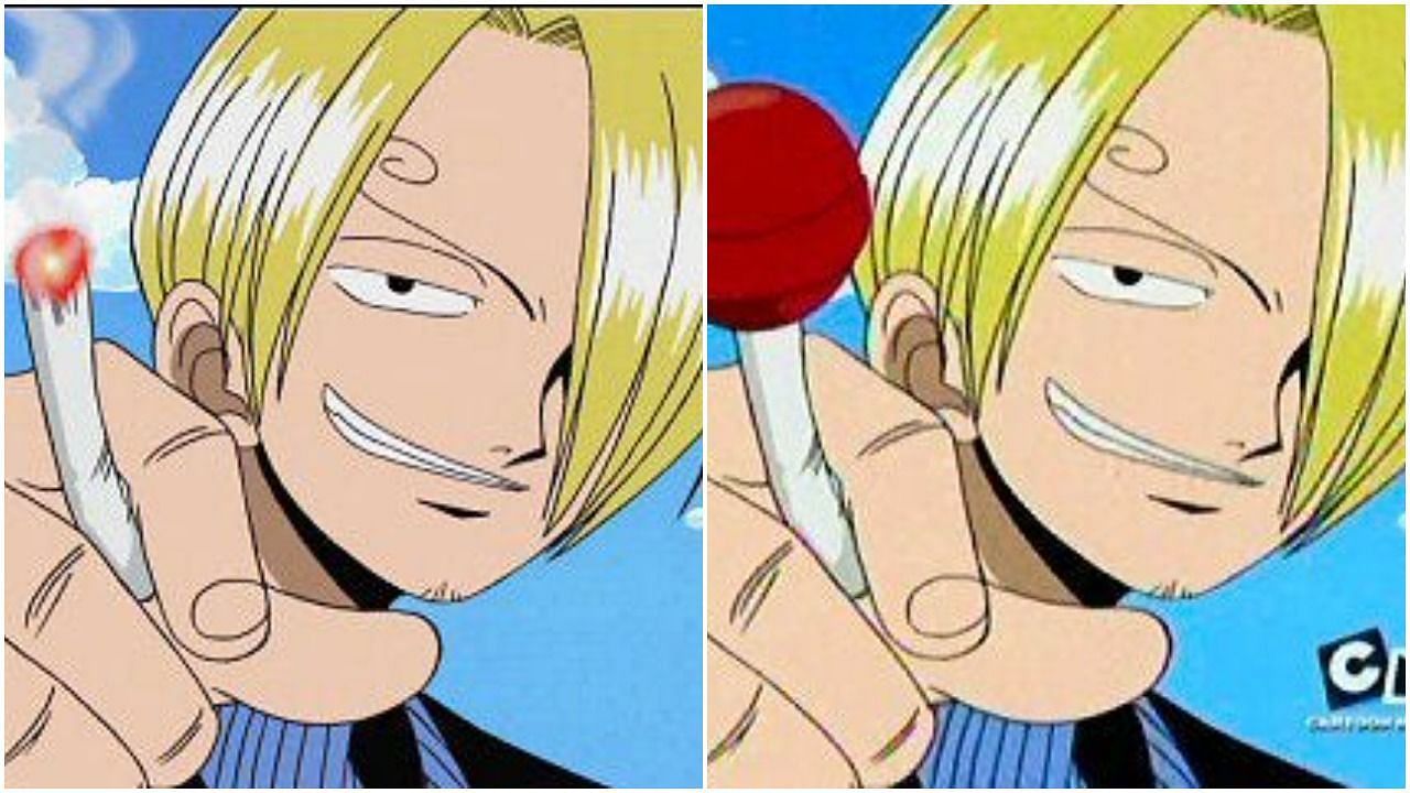 Sanji seen with a cigarette in the Funimation dub (left) and a lollipop in the 4Kids dub (right) (Image via Sportskeeda)