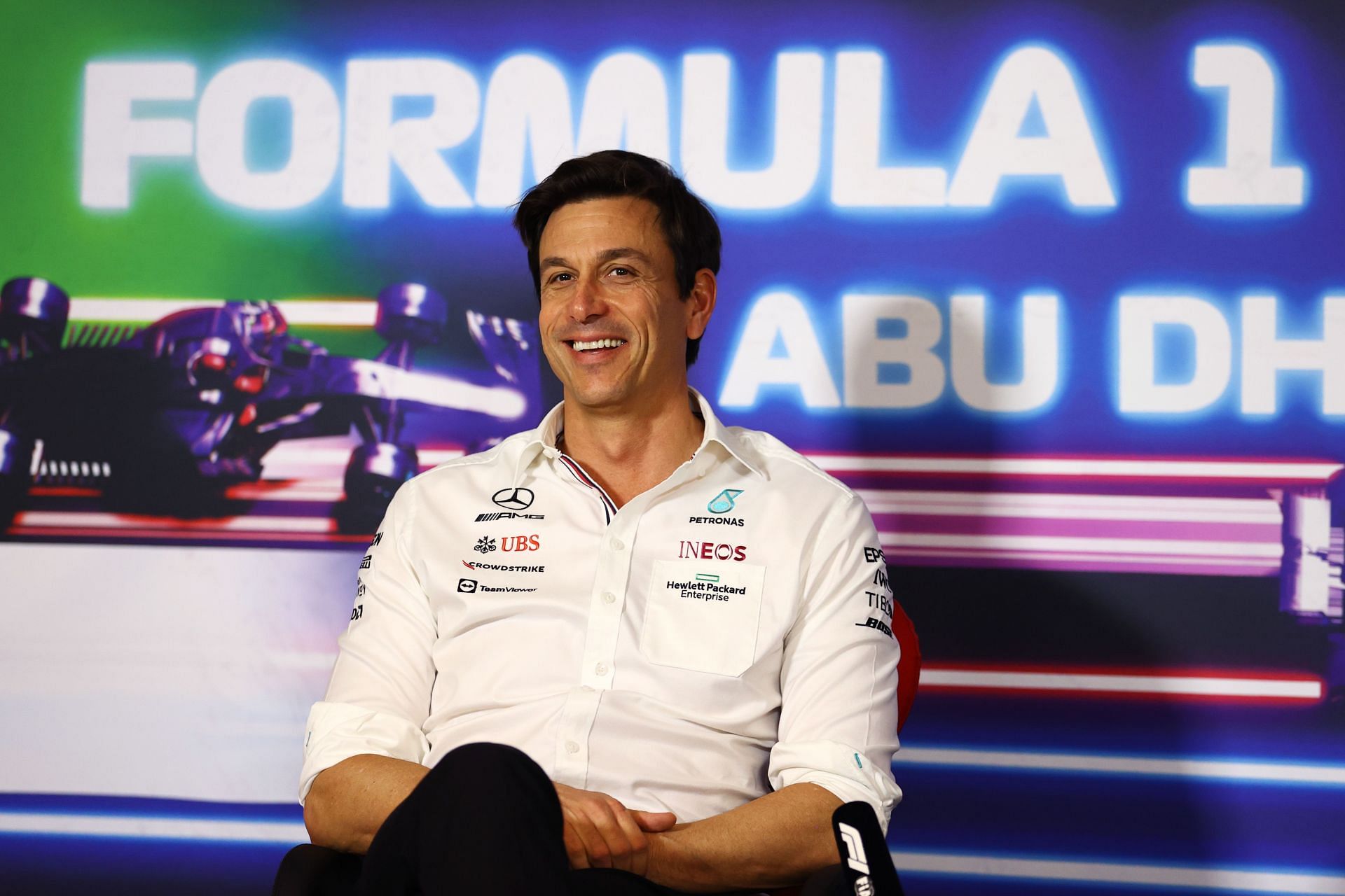 Mercedes GP Executive Director Toto Wolff talks in the team principals&#039; press conference ahead of the 2021 Abu Dhabi GP (Photo by Bryn Lennon/Getty Images)