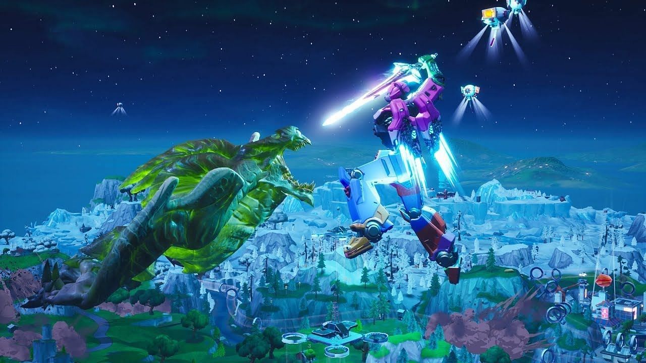The Mecha and the Cattus Monster went to war in the Final Showdown (Image via Epic Games)
