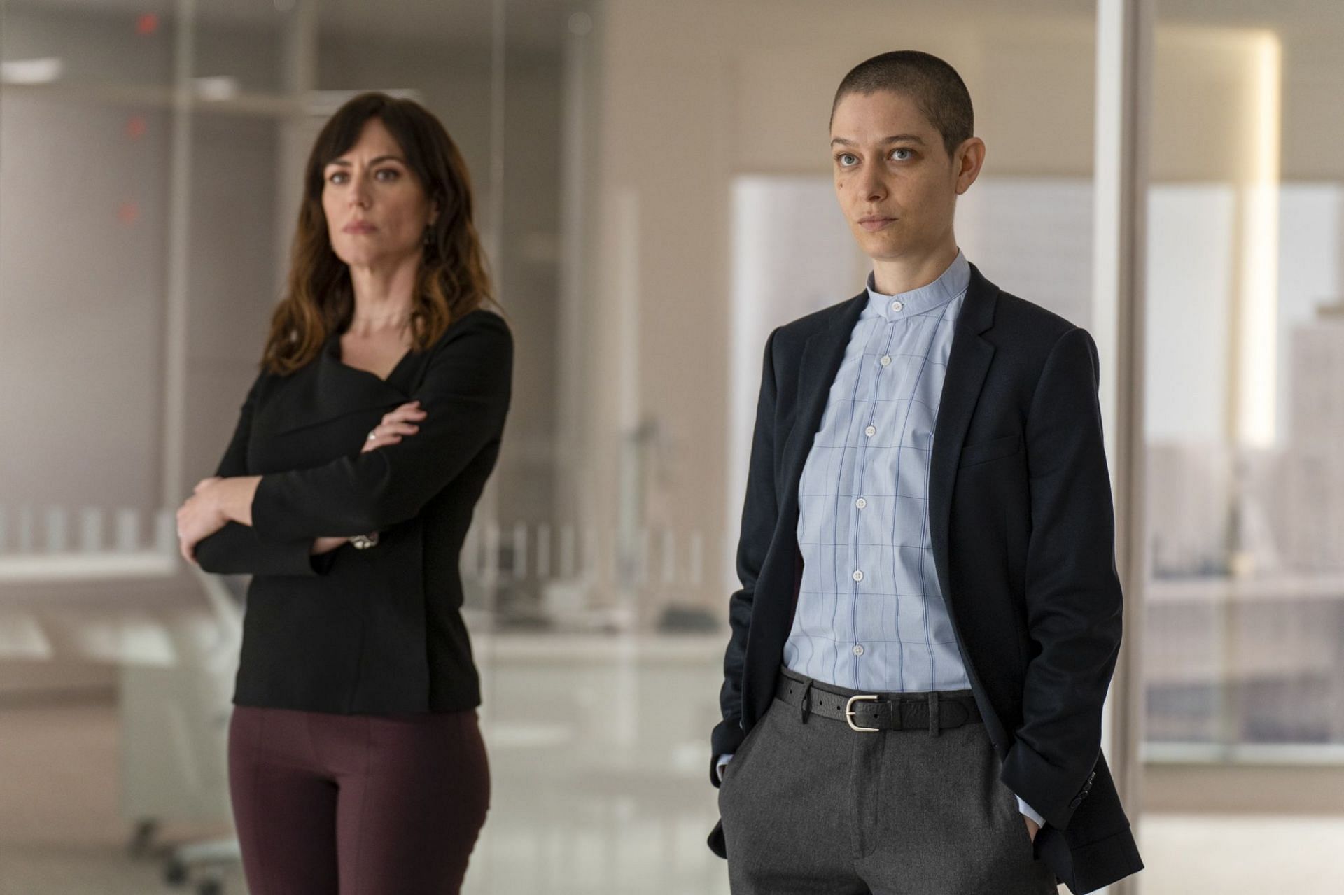 Maggie Siff as Wendy Rhoades and Asia Kate Dillon as Taylor in Showtime&#039;s drama series Billions (Image via Showtime)