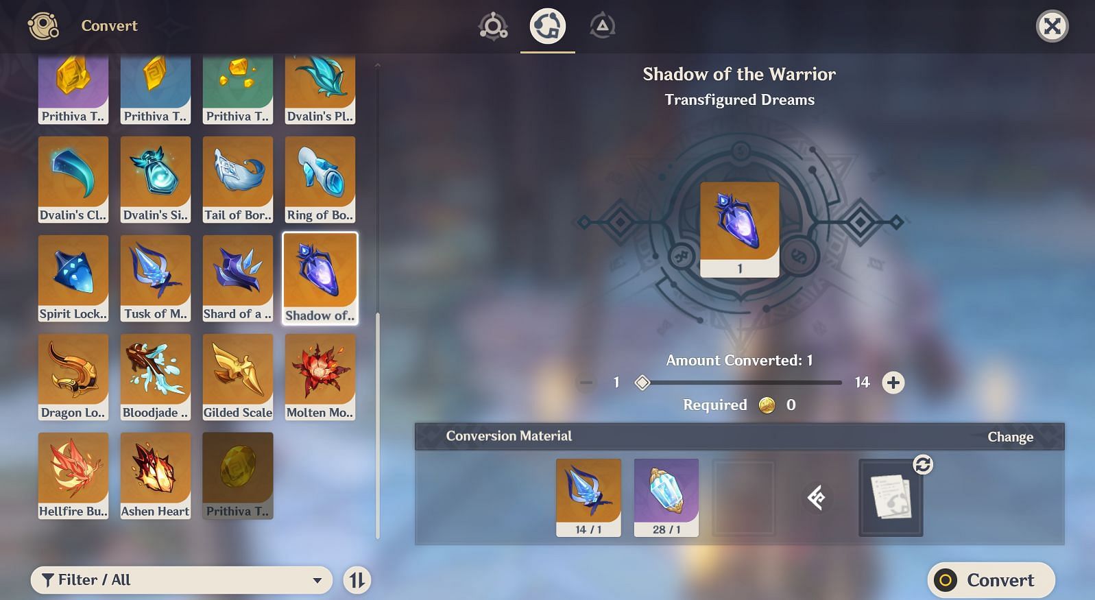 Use Dream Solvent to craft Shadow of the Warrior (Image via miHoYo)
