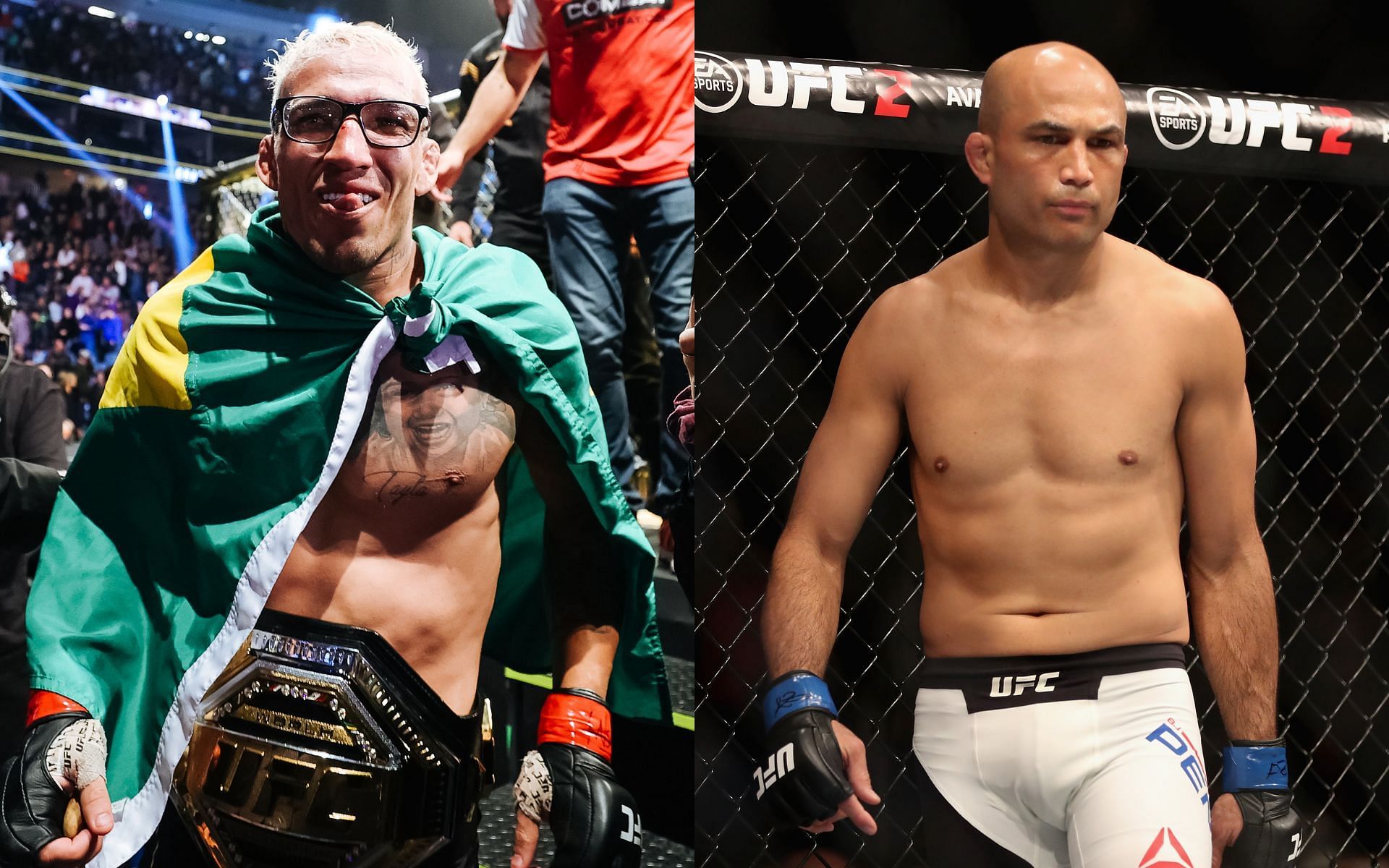 Current and former UFC lightweight champions Charles Oliveira (left) and B.J. Penn (right), respectively