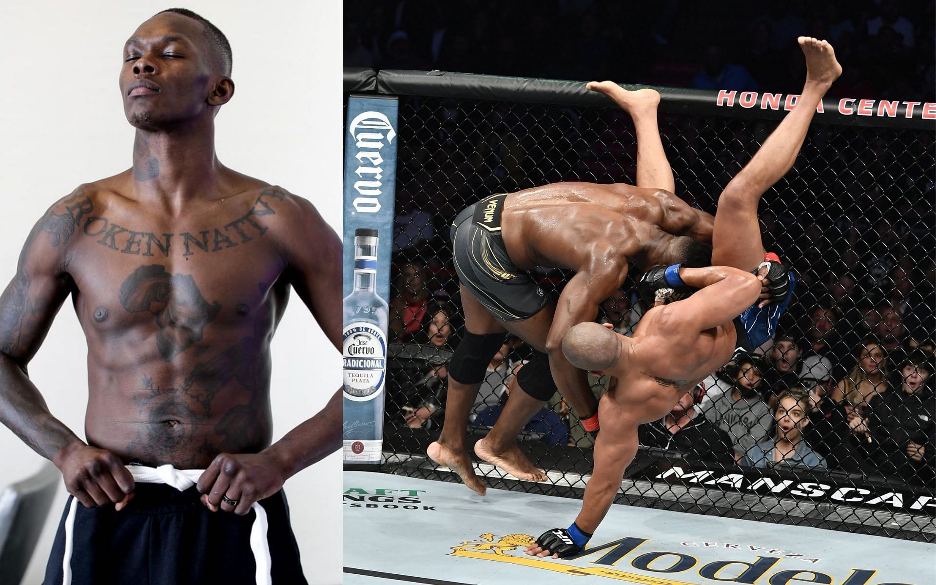 Israel Adesanya reacts to Francis Ngannou&#039;s enigmatic wrestling skills against Ciryl Gane at UFC 270 [Credits: @ufc via Twitter, @stylebender via Instagram]