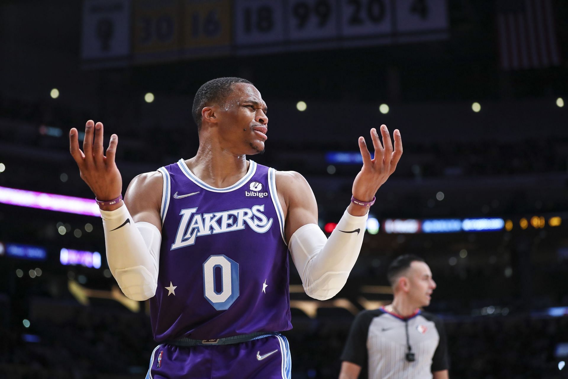 Russell Westbrook #0 of the Los Angeles Lakers reacts to a call in the second half at Crypto.com Arena on January 07, 2022 in Los Angeles, California.