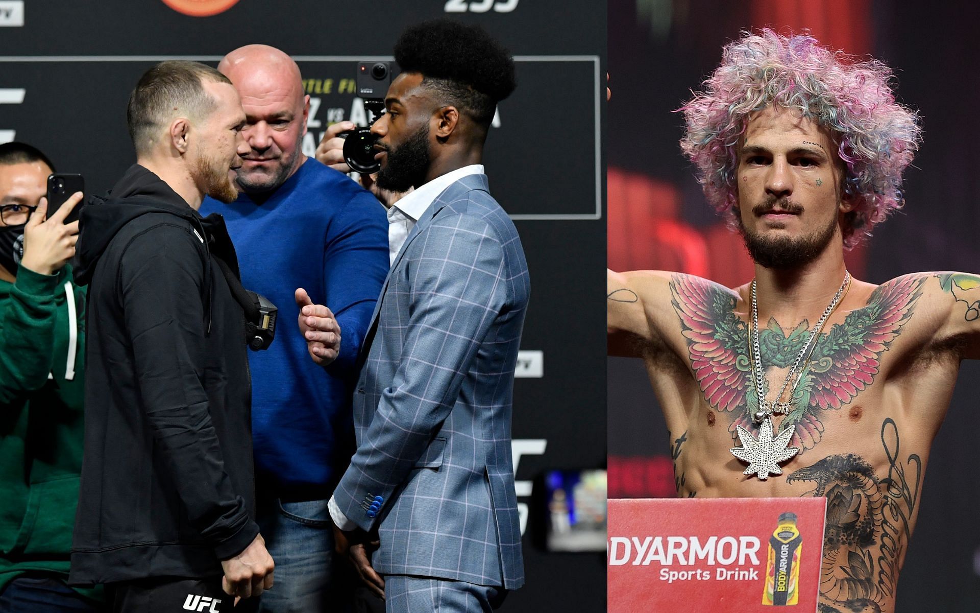 Petr Yan and Aljamain Sterling face off ahead of their UFC 259 title fight (left) and Sean O&#039;Malley at the UFC 264 weigh in (right)