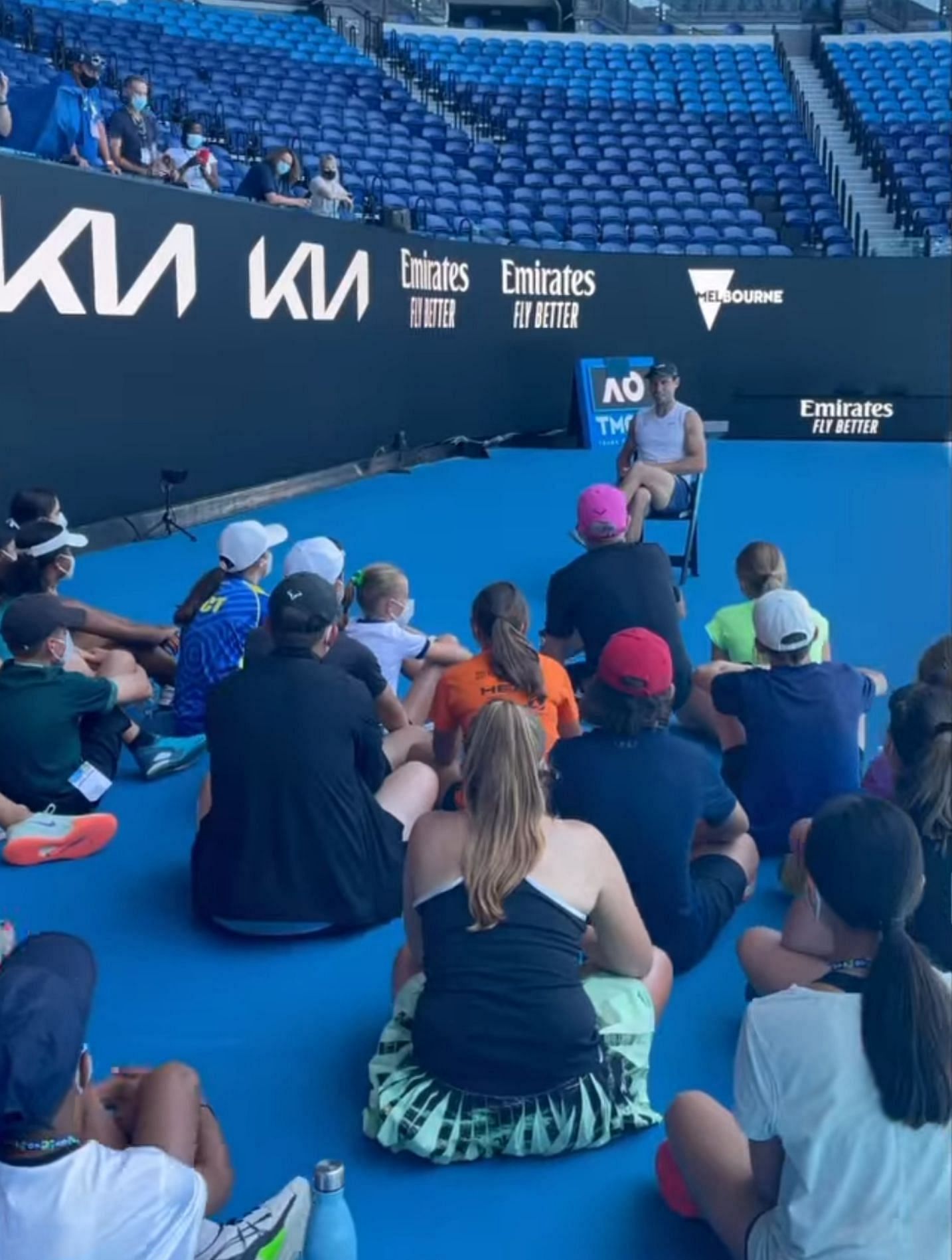 Nadal can be seen giving an orientation to the kids at the Rafa Nadal Australian Tour Masters